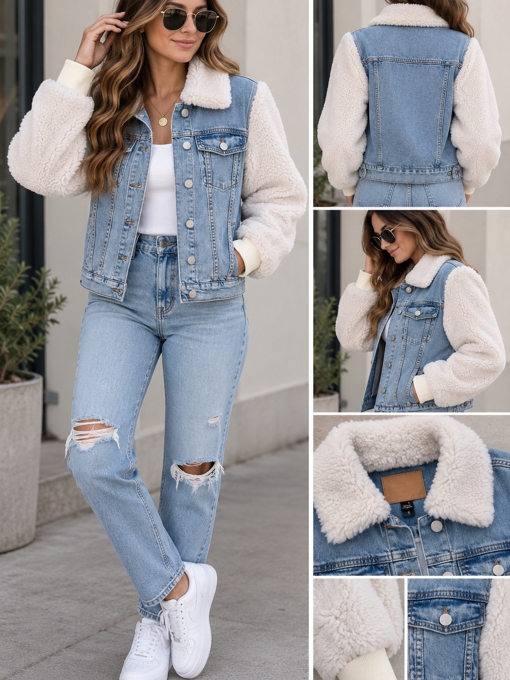 Sanctuary Blue Denim Jacket with Cream Sherpa Sleeves & Collar